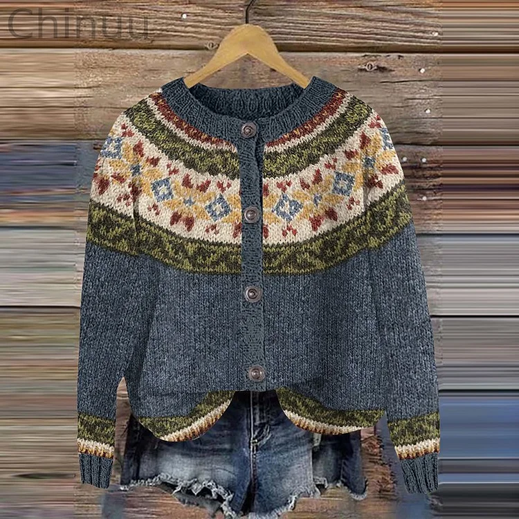 Retro Geometric Knitted Button Down Cozy Sweater