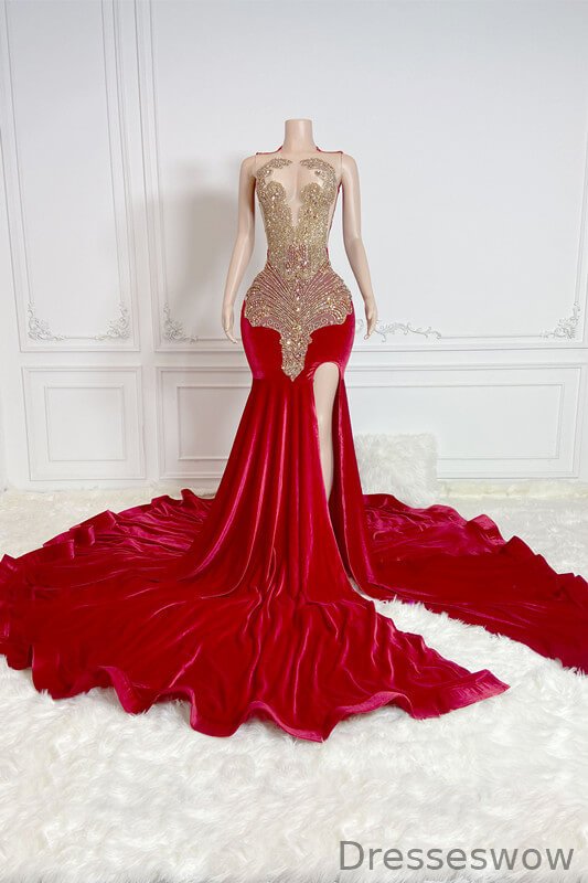 Dresseswow Red Scoop Sleeveless Formal Dresses Mermaid With Split Beadings Crystals