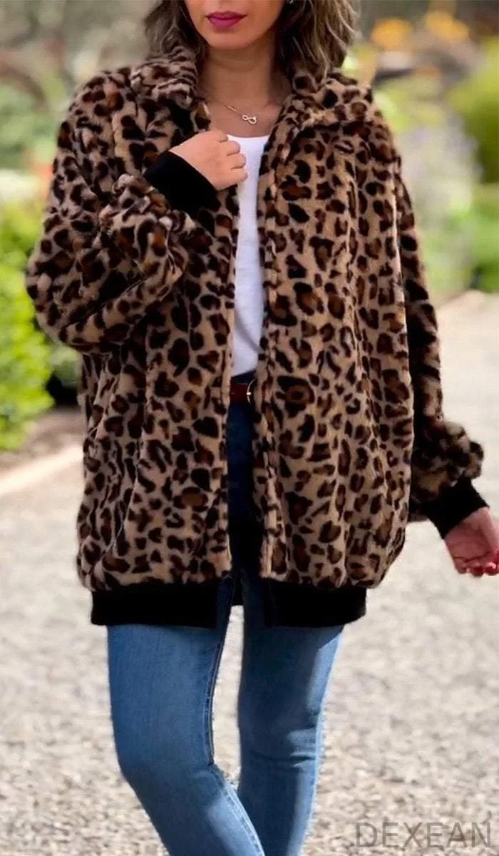 Women's Lapel Zipper Leopard Print Jacket
