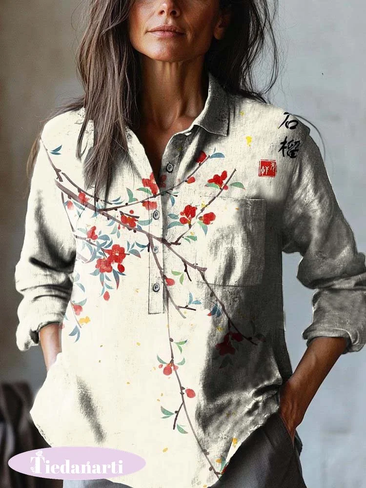 Women's Japanese Floral Print Casual Cotton and Linen Shirt