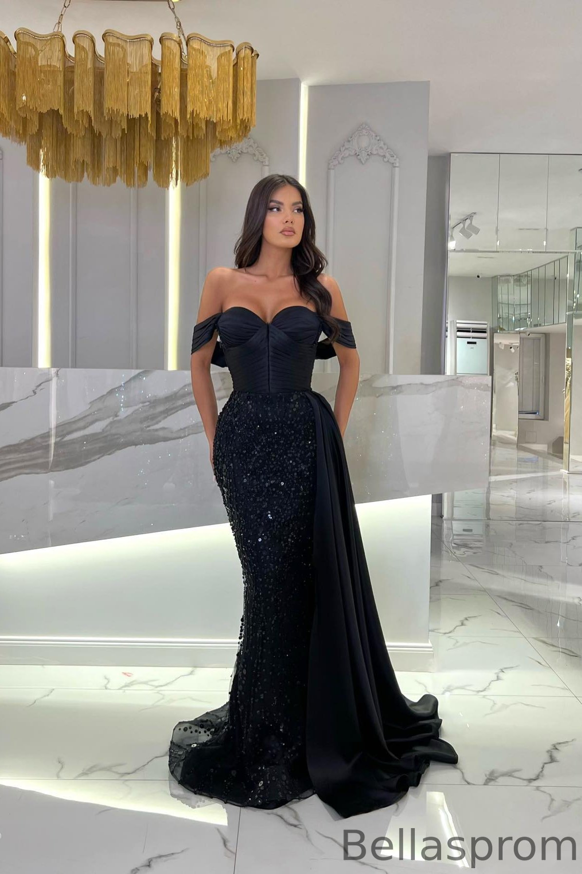 Bellasprom Off-The-Shoulder Sweetheart Mermaid Prom Dress Sequins With Ruffles Bellasprom