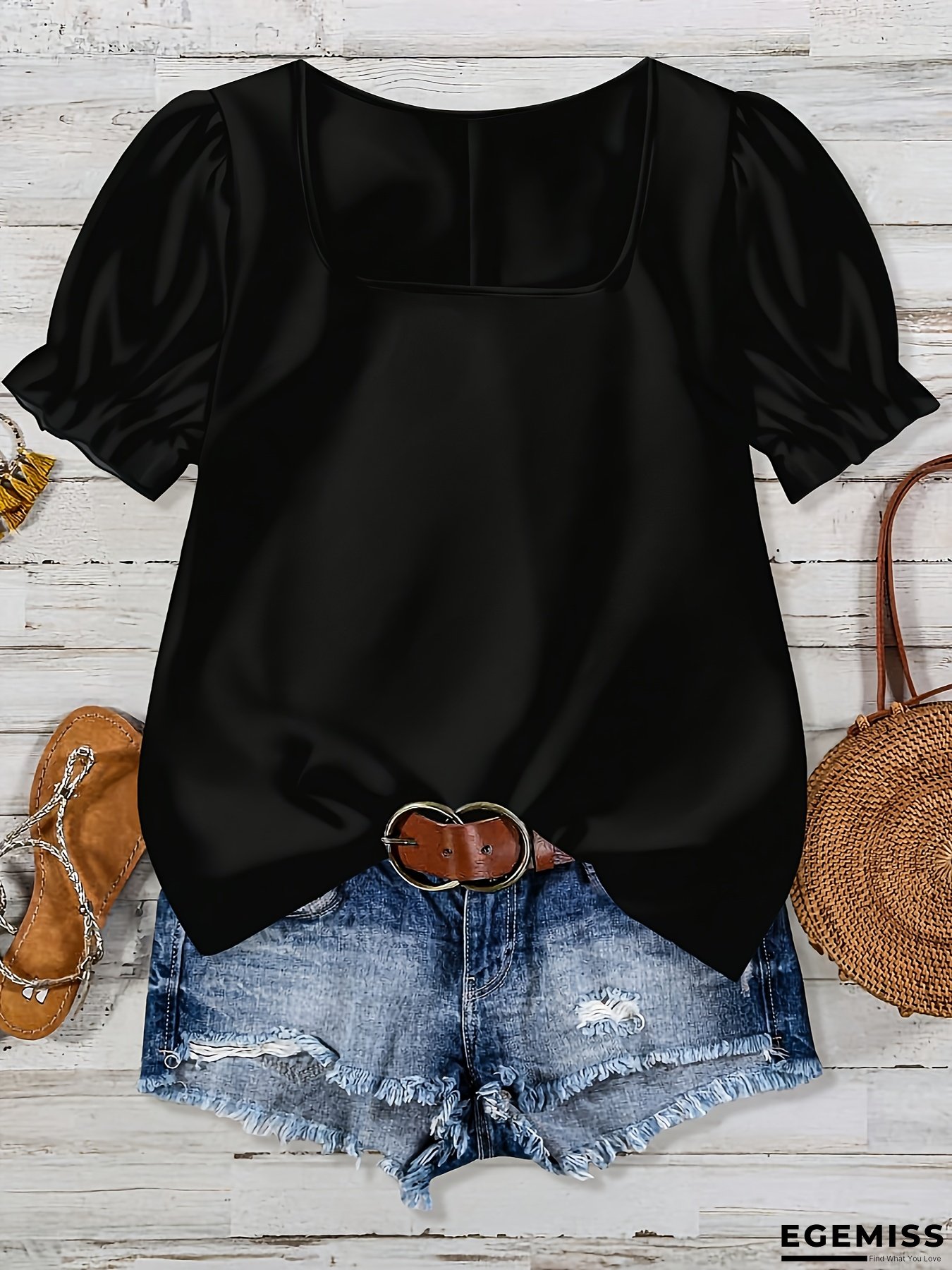 Plus Size - Women's Plus Size Blouse - Elegant Square Neck Blouse, Non-Stretchy Fabric Shirt for Casual & Formal Outfits - Office, Party, Casual Attire - Easy Care Women's Tops, Summer Fashion, Puffed Sleeves Top, Smooth Texture | EGEMISS