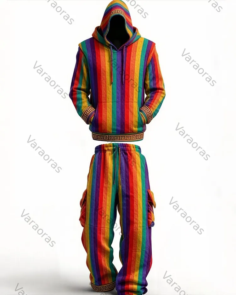 Men's Summer Fashion Rainbow Color Block Linen Hoodie & Pants Two-Piece Set 4683