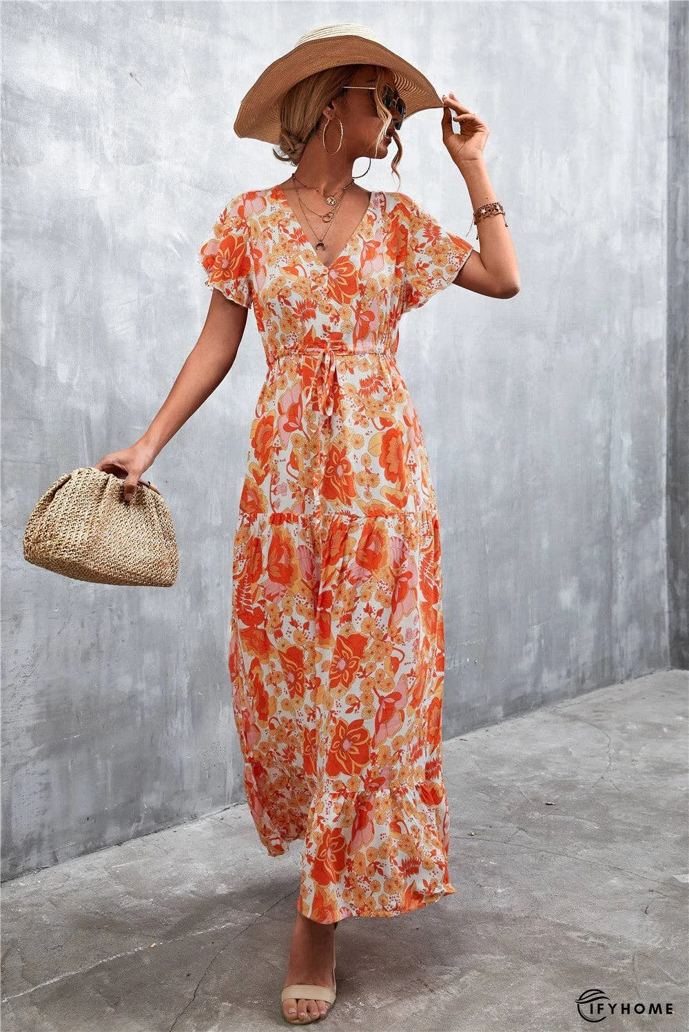 Floral Buttoned Drawstring Waist Tiered Dress | IFYHOME
