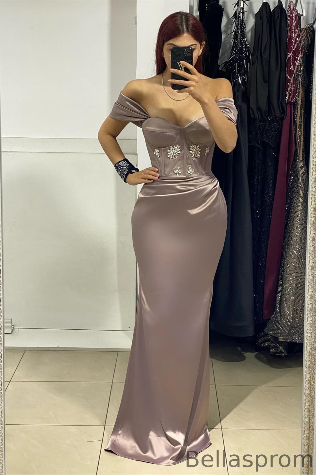 Bellasprom Off-the-Shoulder Sweetheart Mermaid Prom Dress With Crystals Bellasprom