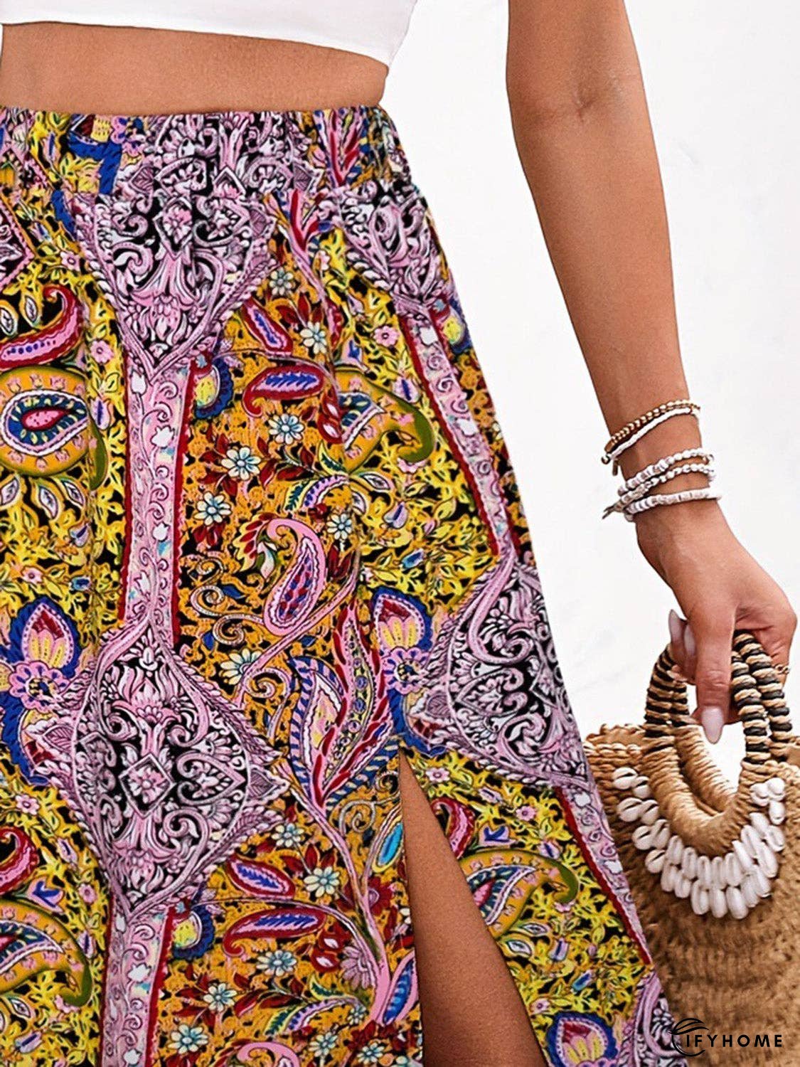 Slit Printed Elastic Waist Skirt | IFYHOME