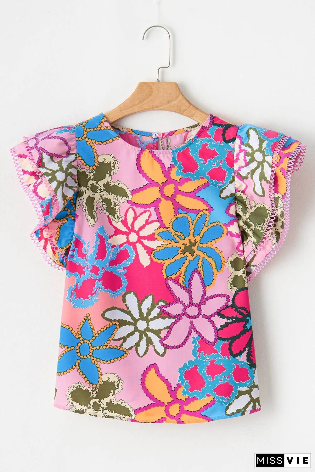 Vibrant Floral Print Trimmed Ruffle Sleeve Blouse
