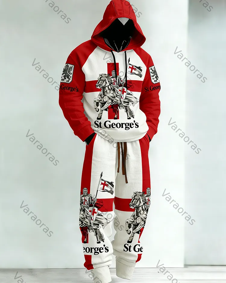Men's Fashion St George's Day Theme Hoodie and Pants Two-Piece Set 9886