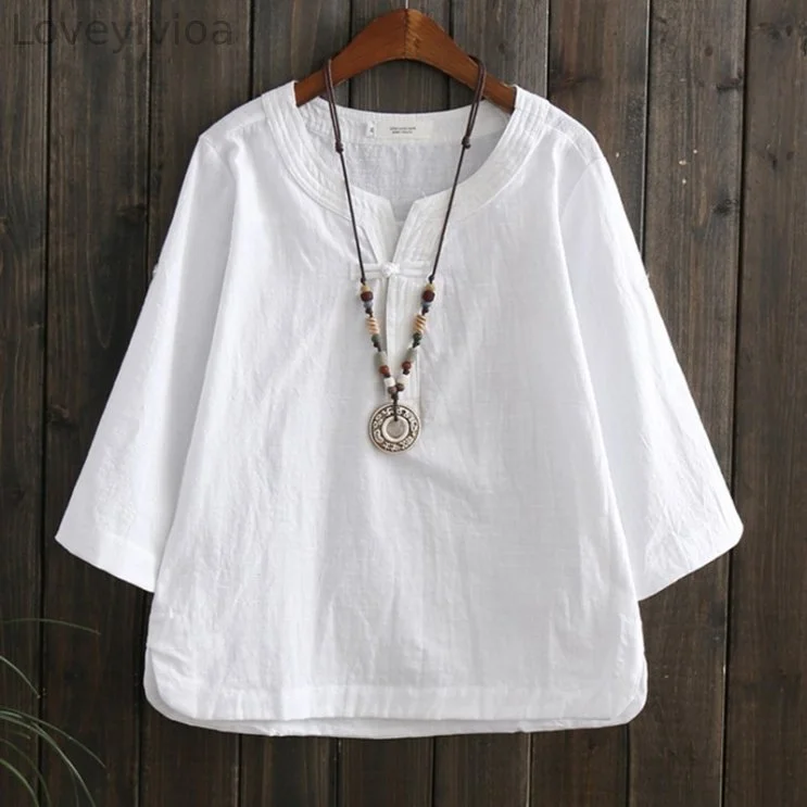Ethnic Style Button Up V-Neck 3/4 Sleeve Shirt