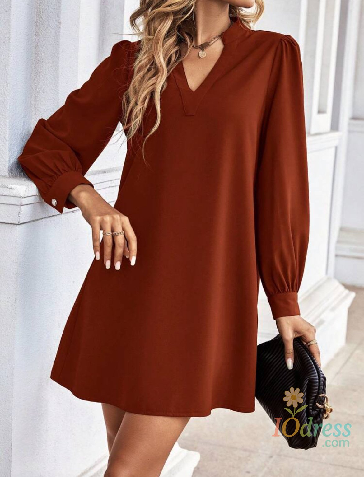 IO Dress Office Lady Shirt Style Dresses Women's V-neck Long Sleeved Mini Dress Spring Autumn Solid Color Work Clothes