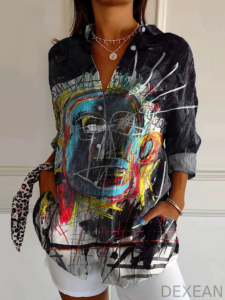 Women's Vintage Abstract Figure Pattern Art Print Casual Cotton Shirt