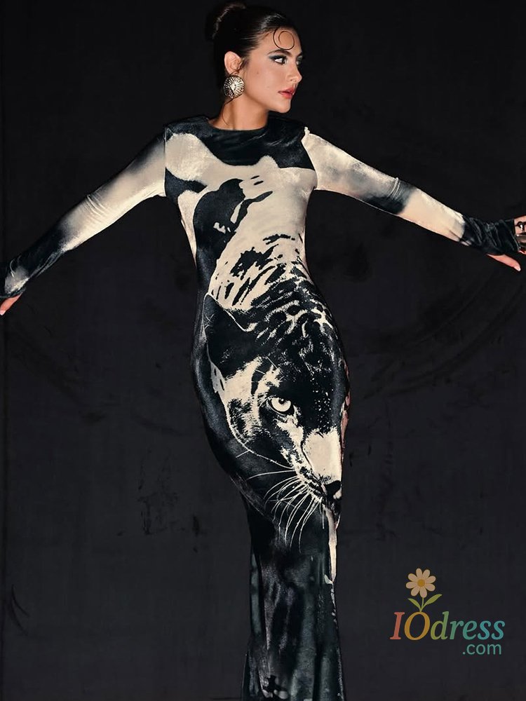 IO Dress Weird Puss Fall Trend Dress Women Tiger Print Full Sleeve Skinny Tigh Streetwear Casual Hipster Stretch o-Neck Midnight Vestidos