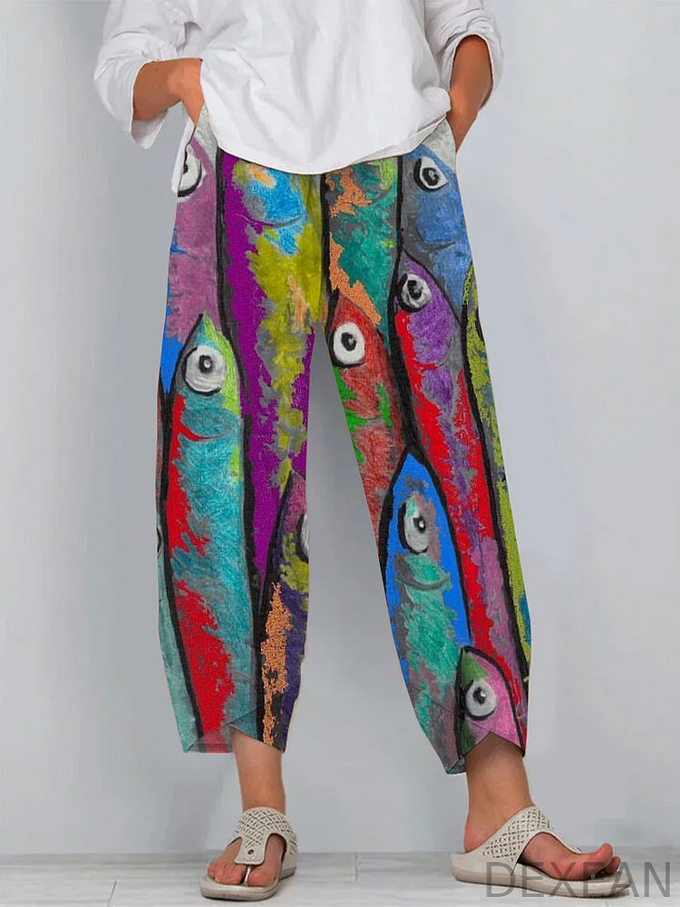 Retro Colorful Fish Art Print Casual Capri Pants
