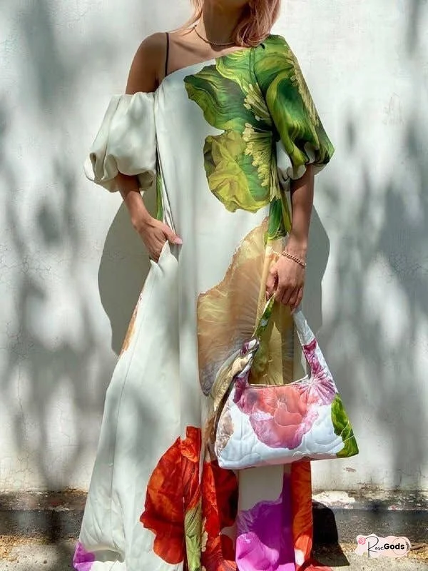 A-Line Loose Elasticity Flower Print One-Shoulder Maxi Dresses