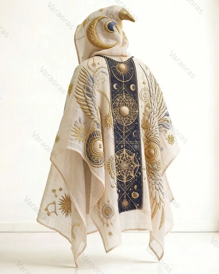Men's Summer Fashion Star and Moon Embroidered Linen Hooded Cape 1279