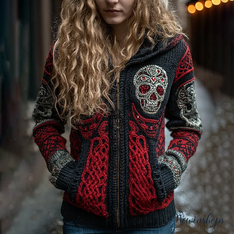 Women's Rose And Skull Inspired Chunky Zipper Knitted Hooded Cardigan