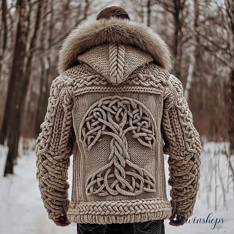 Men's Viking Tree Of Life Celtic Knit Fuzzy Hooded Zipper Cardigan