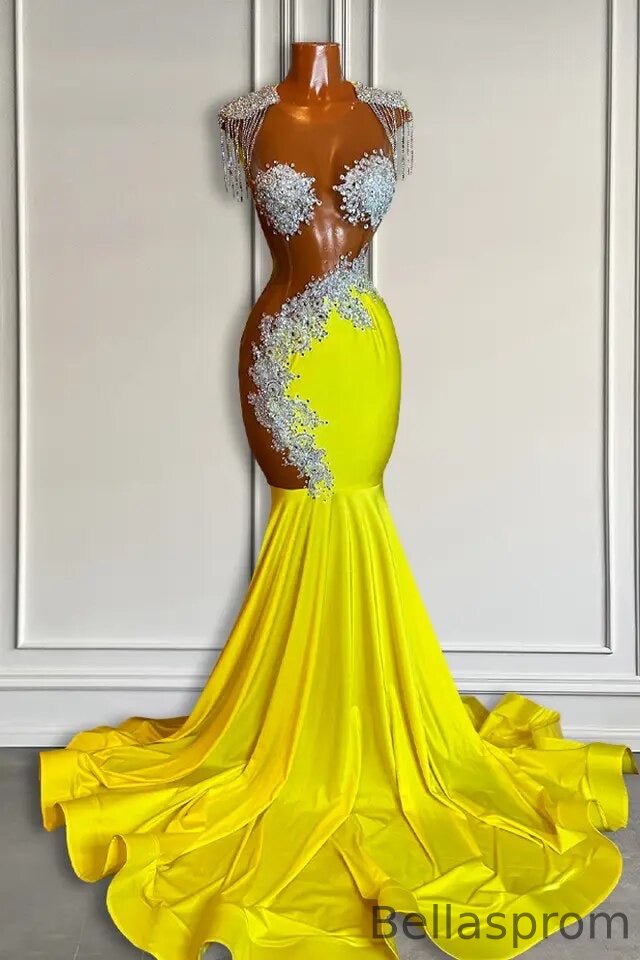 Bellasprom Yellow Scoop Prom Dress Mermaid Long With Beadings Tassels Bellasprom