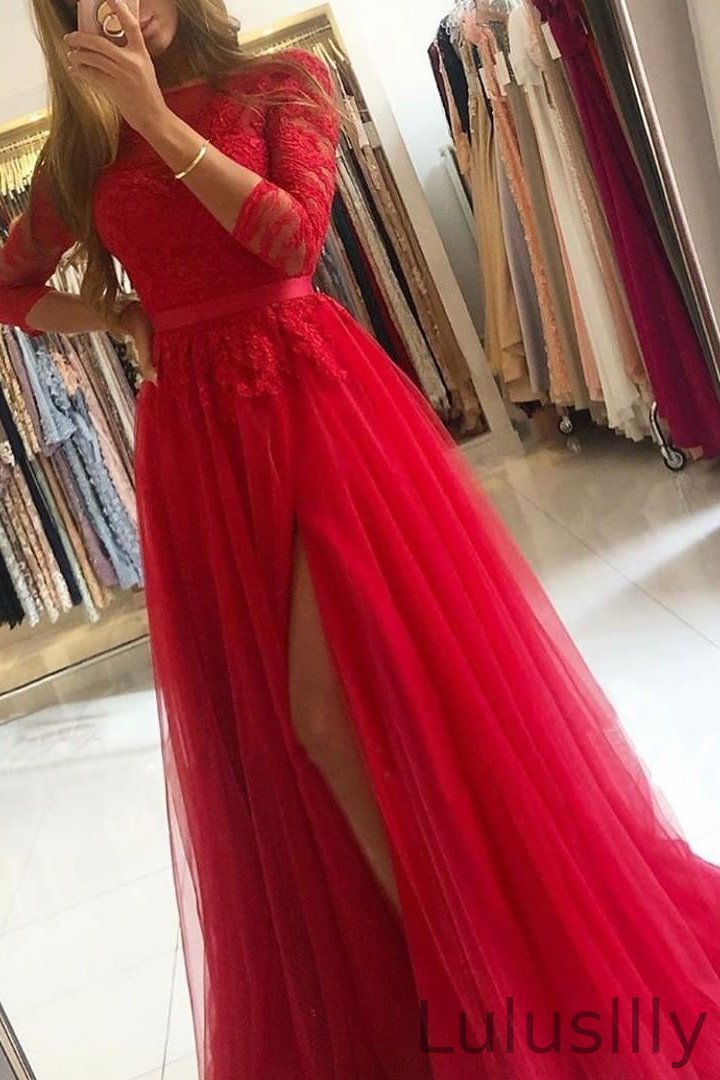 Gorgeous Long Sleeves Lace Tulle Evening Dress Long With Slit On Sale - lulusllly