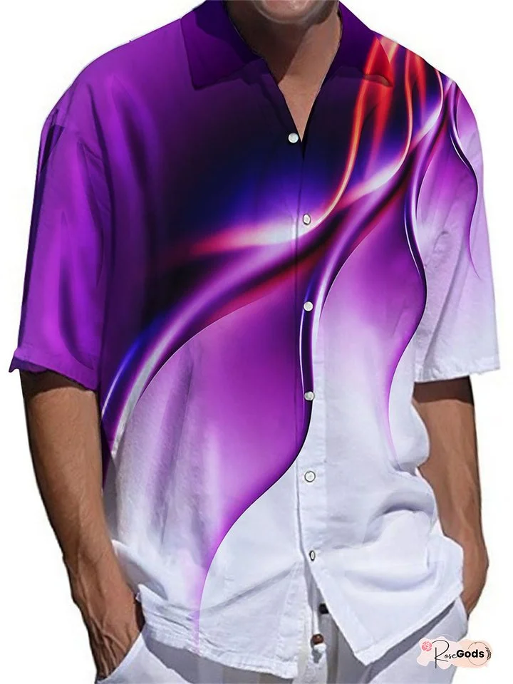 Spring and Autumn Men 3D Printed Casual Short Sleeve Shirt Mens Shirts Purple Blue Gray Green