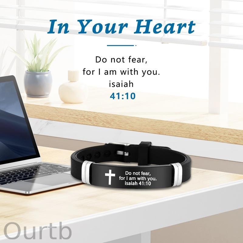 Cross Bracelet Inspirational Bible Quotes Faith Christian Silicone ID Wristband Religious Gift Men and Women Stainless Steel Rubber Adjustable Bracelet