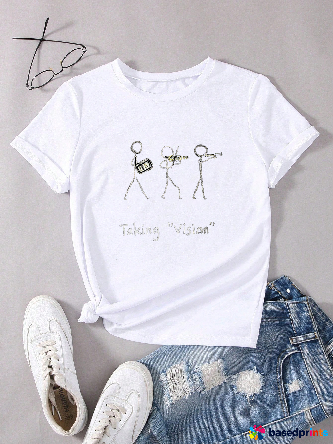 White T-Shirt with Stick Figures and Text