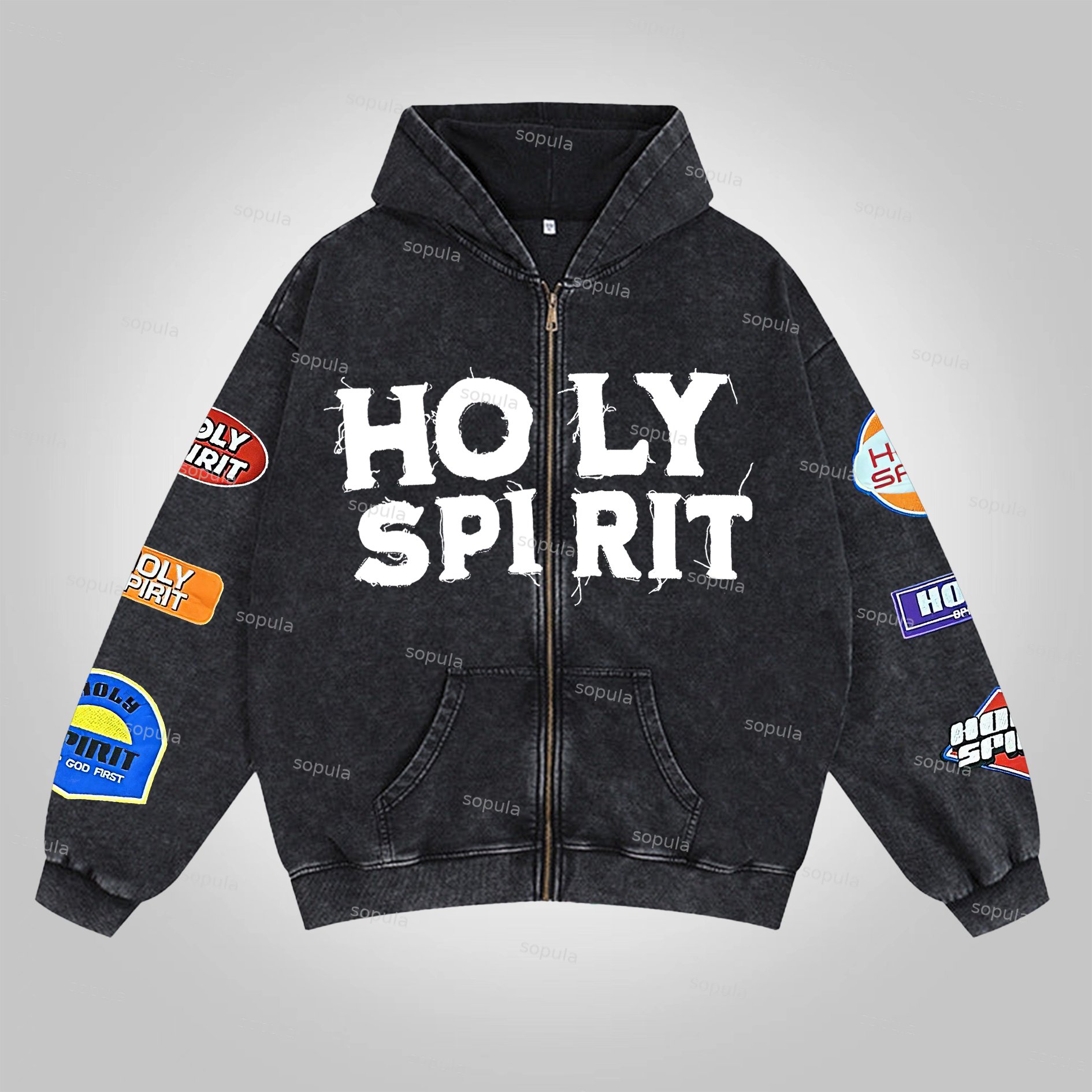 Sopula Vintage Holy Spirit Graphic Washed Zip-Up Hoodie - Sopula｜Premium Graphic Tees & Graphic Clothing