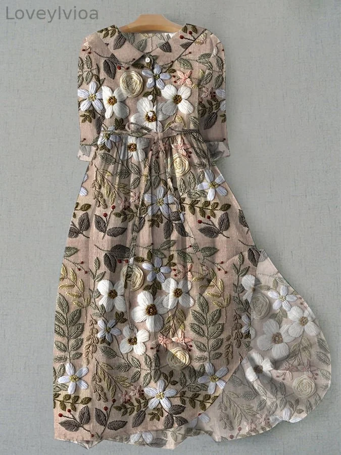 Women's Vintage Botanical Floral Design Print Lace-Up Dress