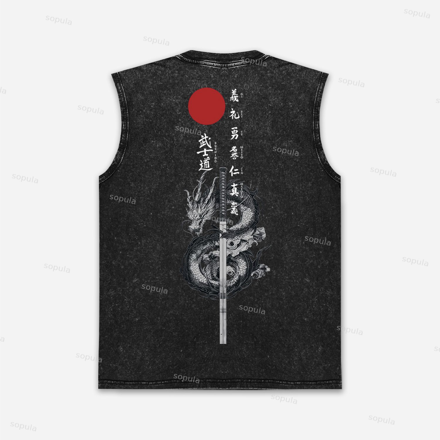 Vintage Japanese Bushido Samurai Art Graphic Acid Washed Tank Tops