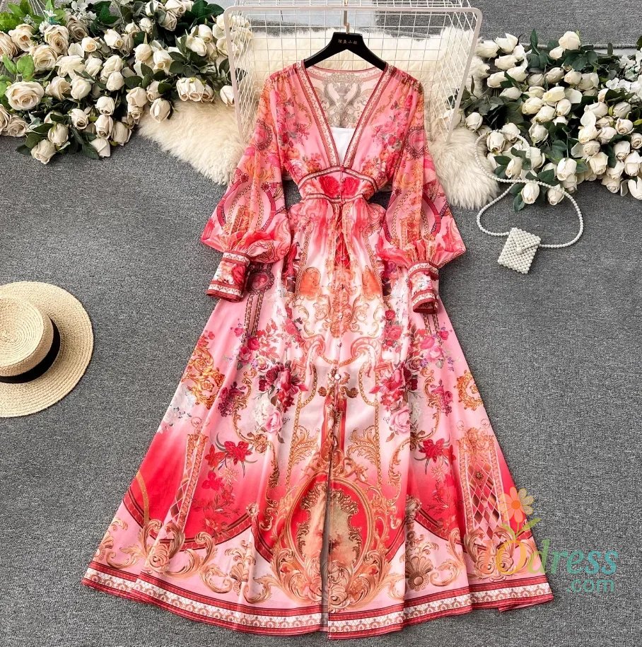 IO Dress Elegant Lantern Sleeve Single-breasted Dress Bohemian Slim Waist Belt Fashion Dresses Women Vintage A-line Print Party Vestidos