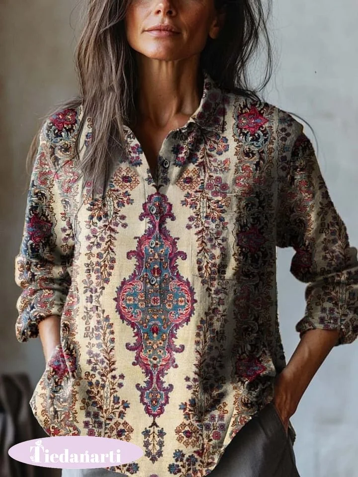 Women's Vintage Lovely Floral Art Print Casual Cotton And Linen Shirt
