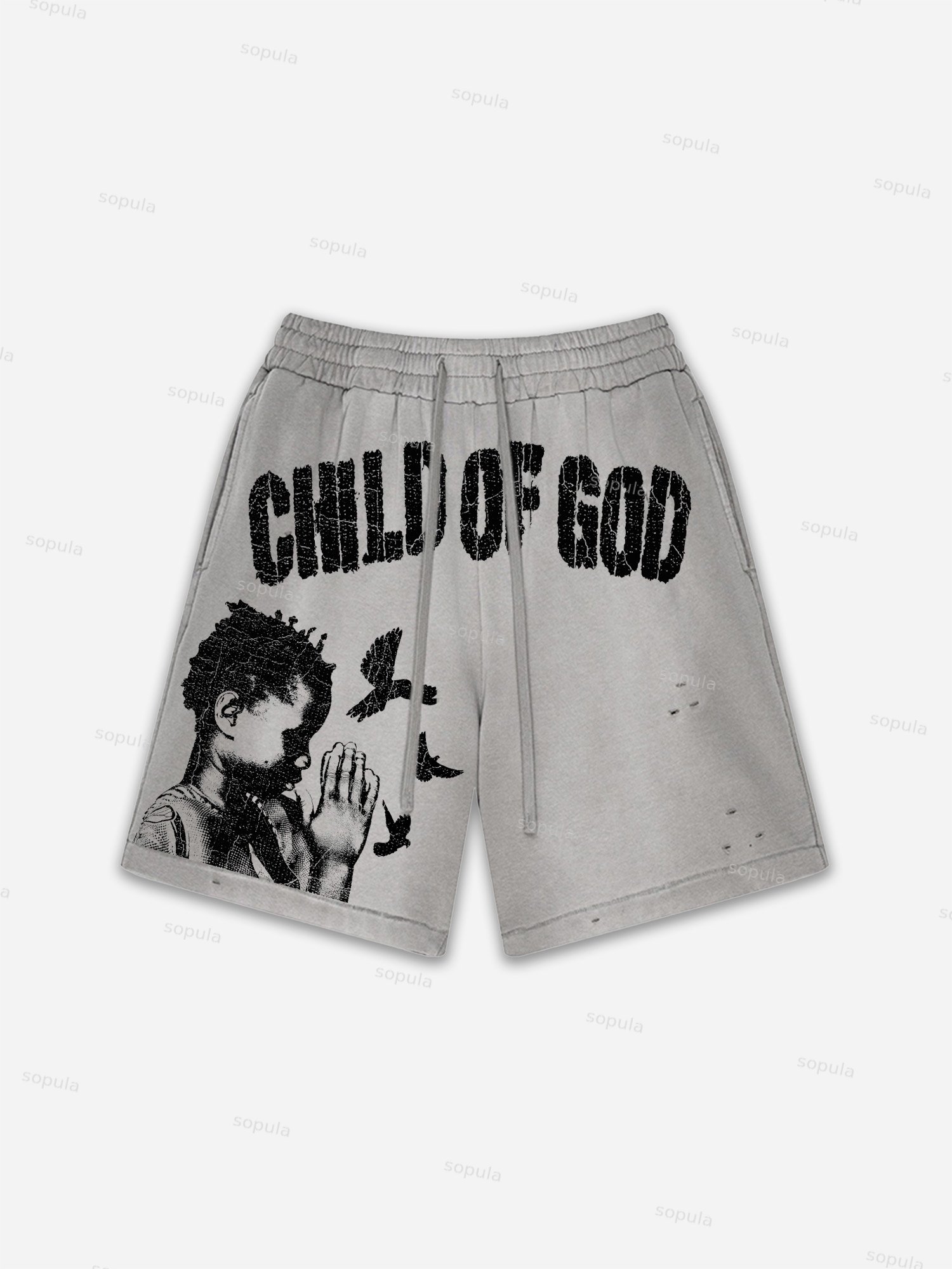 Child Of God Praying For Peace Print Vintage Washed Ripped Shorts