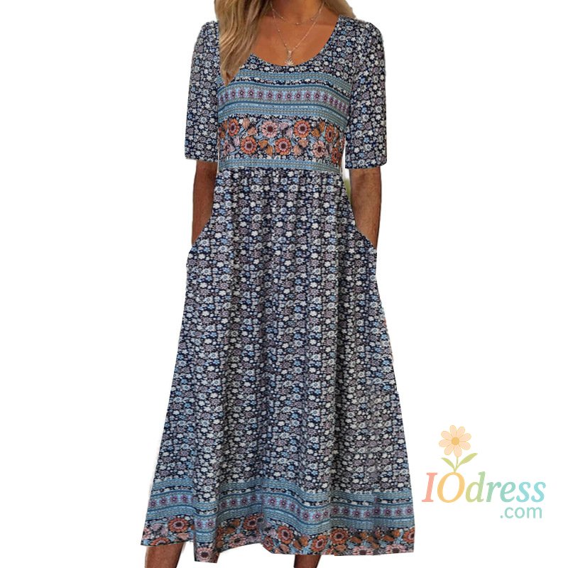IO Dress Summer O-neck Short Sleeve Bohemian Maxi Dress Women New Fashion Flower Printing Vintage Female Dress Casual Holiday Dresses