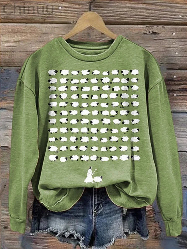 Jesus Leaves the 99 Sheep Print Casual Cozy Sweatshirt