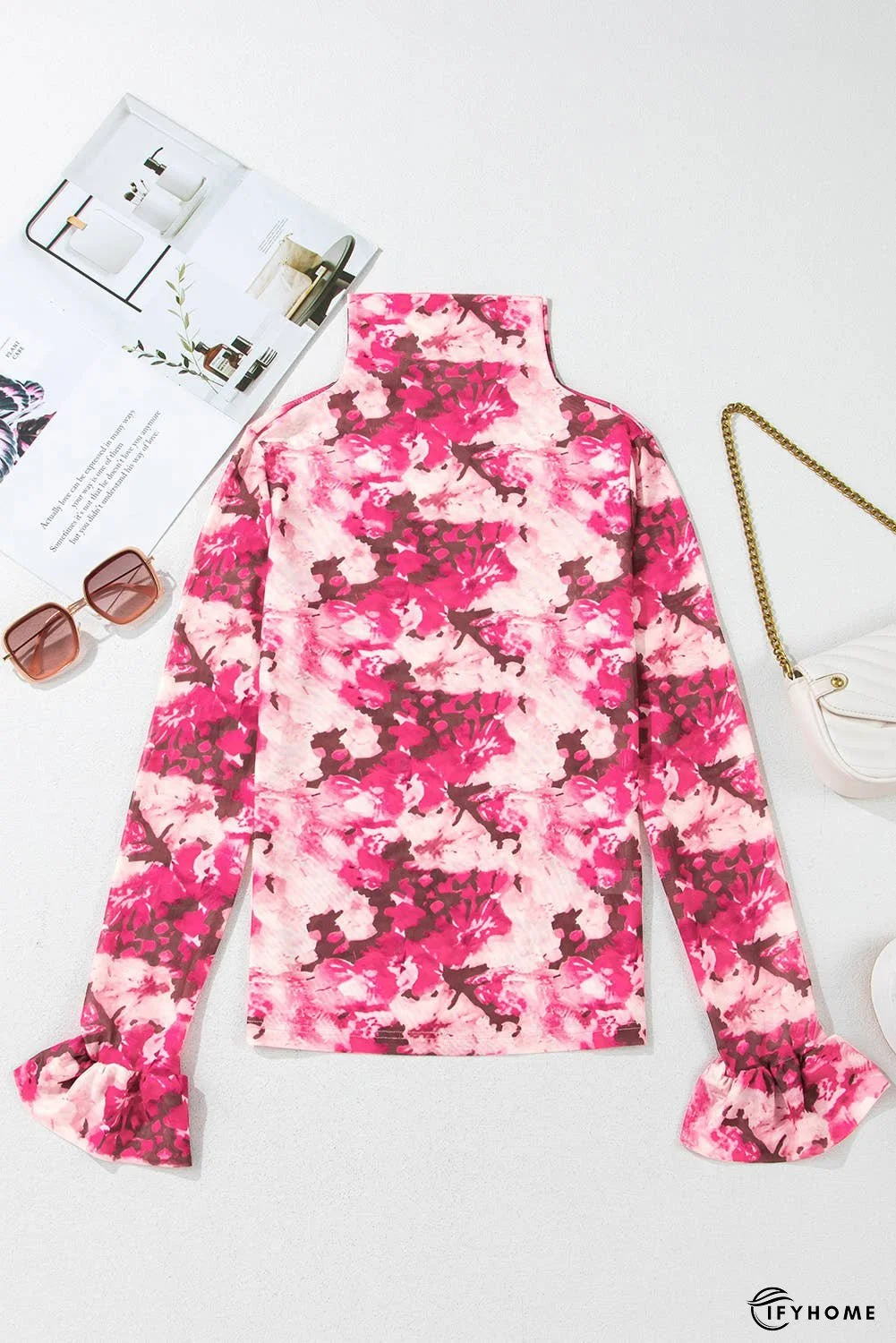 Floral Mesh Flounce Sleeve Mock Neck Blouse | IFYHOME