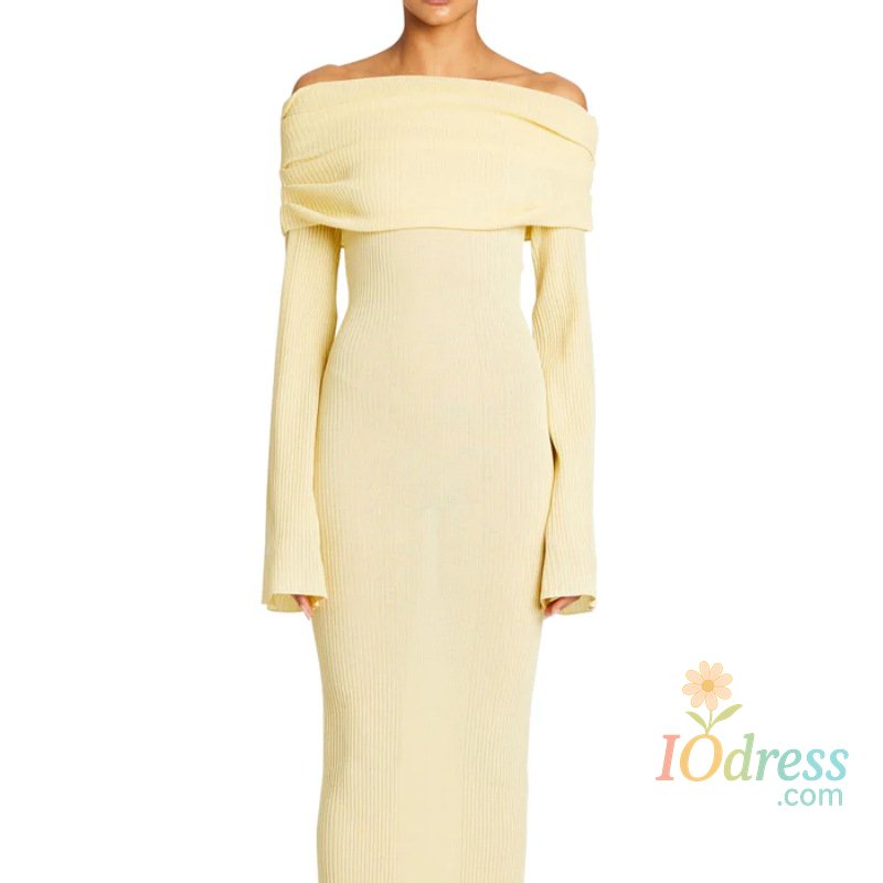 IO Dress 2025 New Autumn Womens Solid Long Sleeve Knit Long Dresses Solid Sexy Off-shoulder Knitted Dress Spring Slim Vestidos Para Mujer