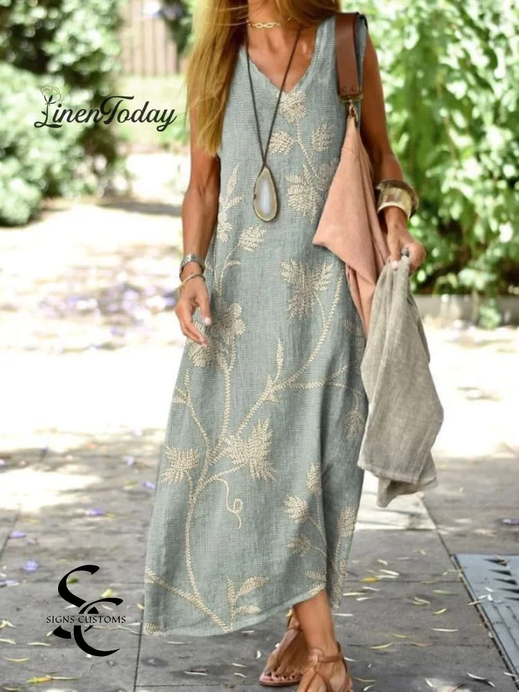 Vacation Retro Floral Sleeveless V-neck Loose Dress