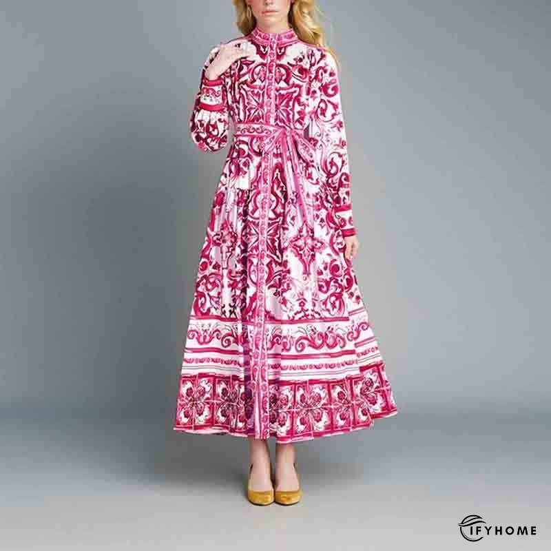 Lantern Sleeve Printed Cinched Waist Long Sleeve Dress | IFYHOME