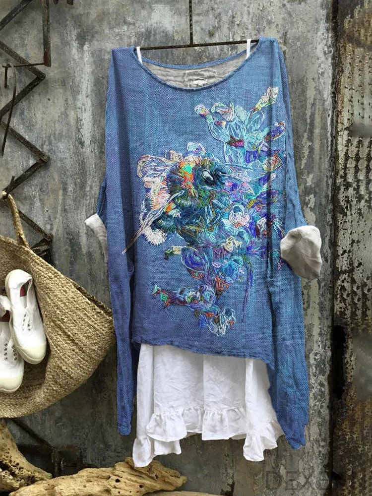 Bee & Flower Embroidery Linen Blend Tunic