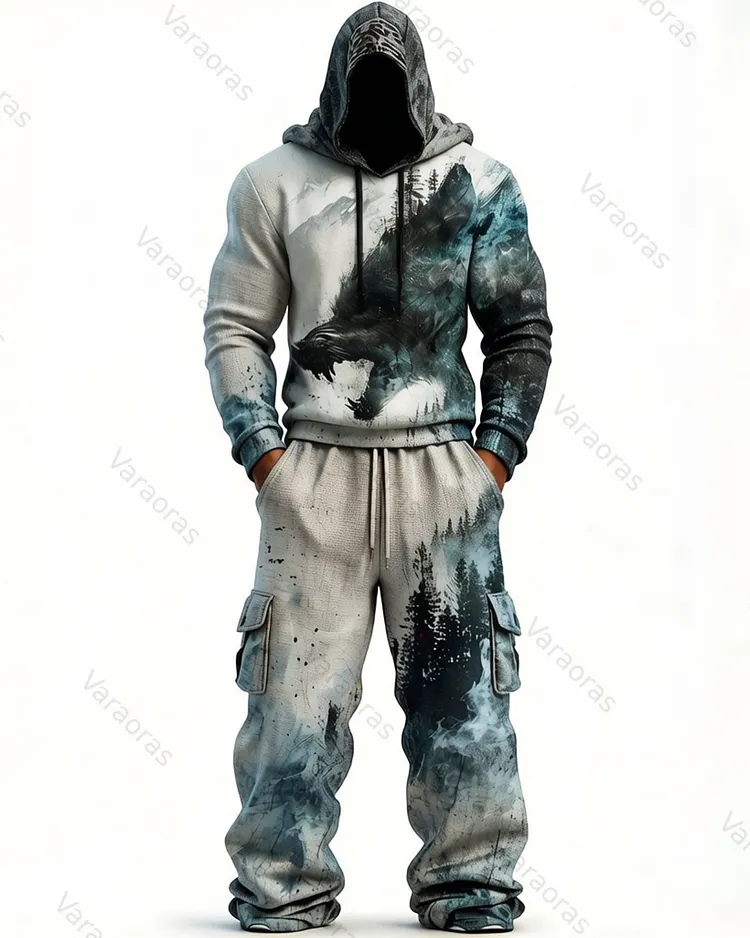 Men's Fashion Viking Contrast Color Embroidered Hoodie & Pants Two-Piece Set 1074
