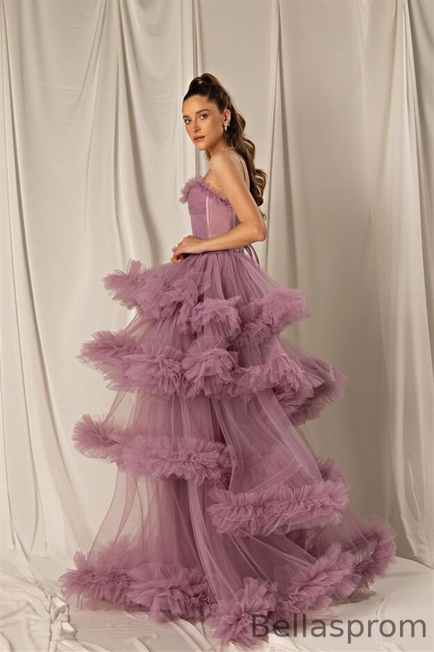 Bellasprom Spaghetti-Straps Wisteria Evening Dress Tulle Layered Lace-up Back Bellasprom