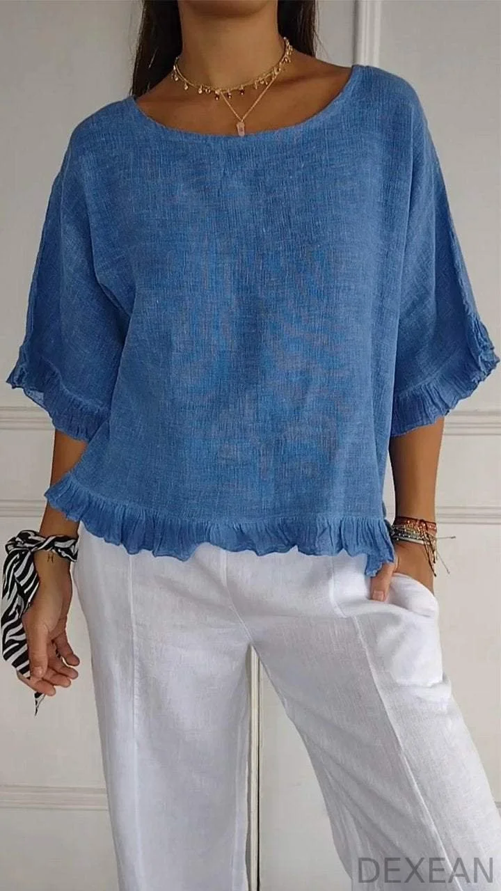 Round Neck Ruffled Hem Mid-sleeve Cotton and Linen Top