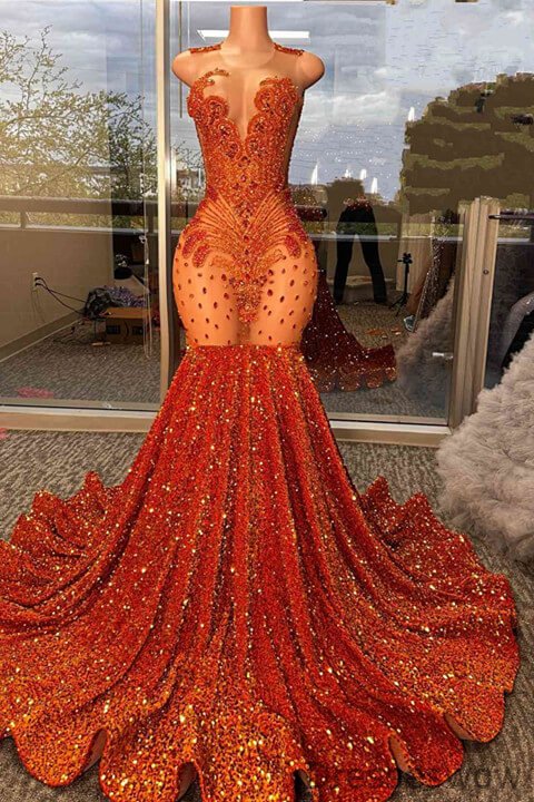 Dresseswow Burnt Orange Scoop Sleeveless Mermaid Ball Dress With Sequins Beadings On Sale