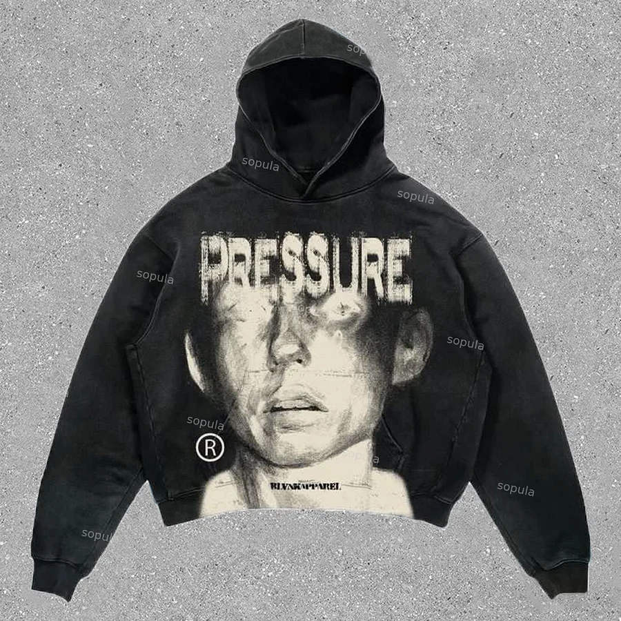 Vintage Pressure Face Graphic Print Fleece Pullover Hoodie
