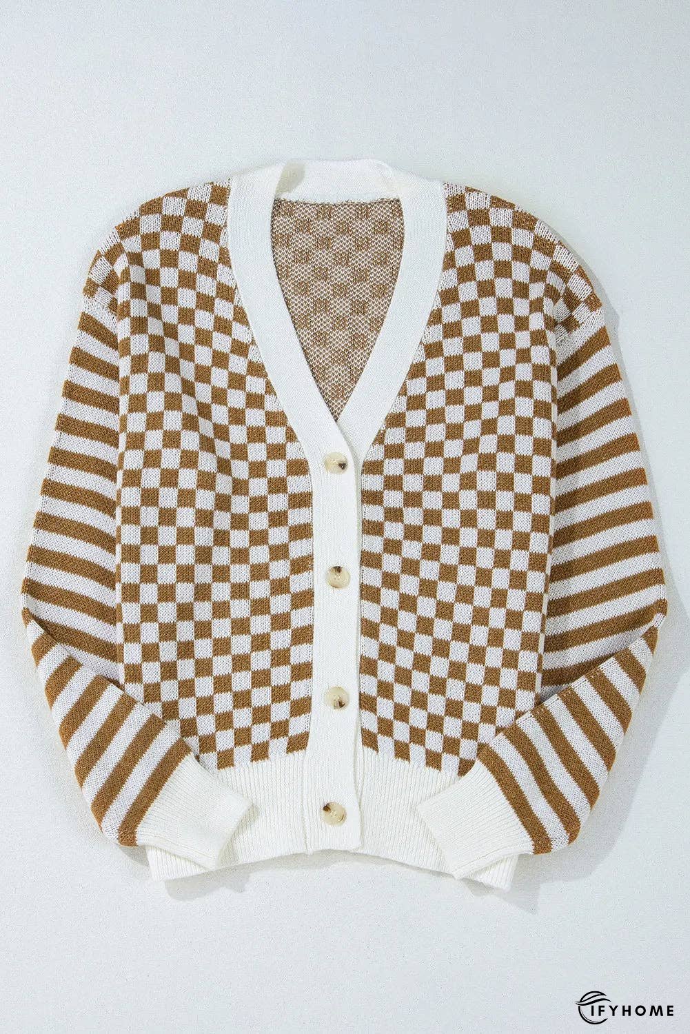 Checkered V-Neck Long Sleeve Cardigan | IFYHOME