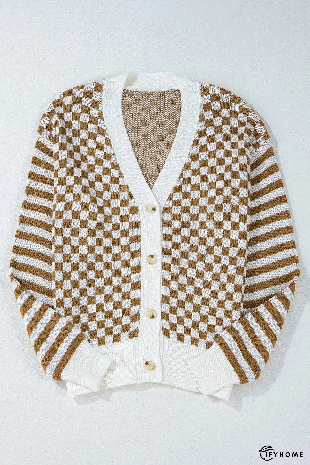 Checkered V-Neck Long Sleeve Cardigan | IFYHOME