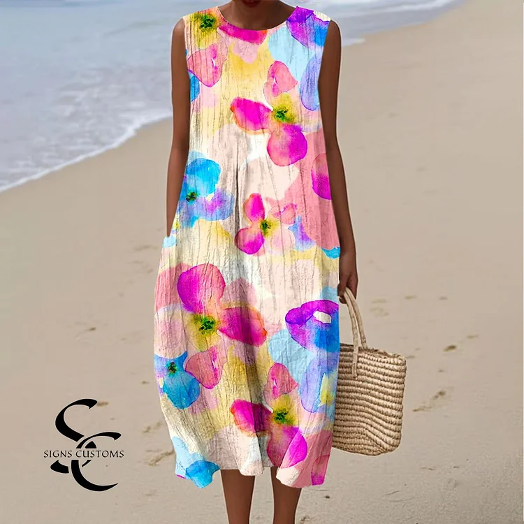 Women's Vintage Floral Art Print Sleeveless Cotton Pocket Wrap Dress