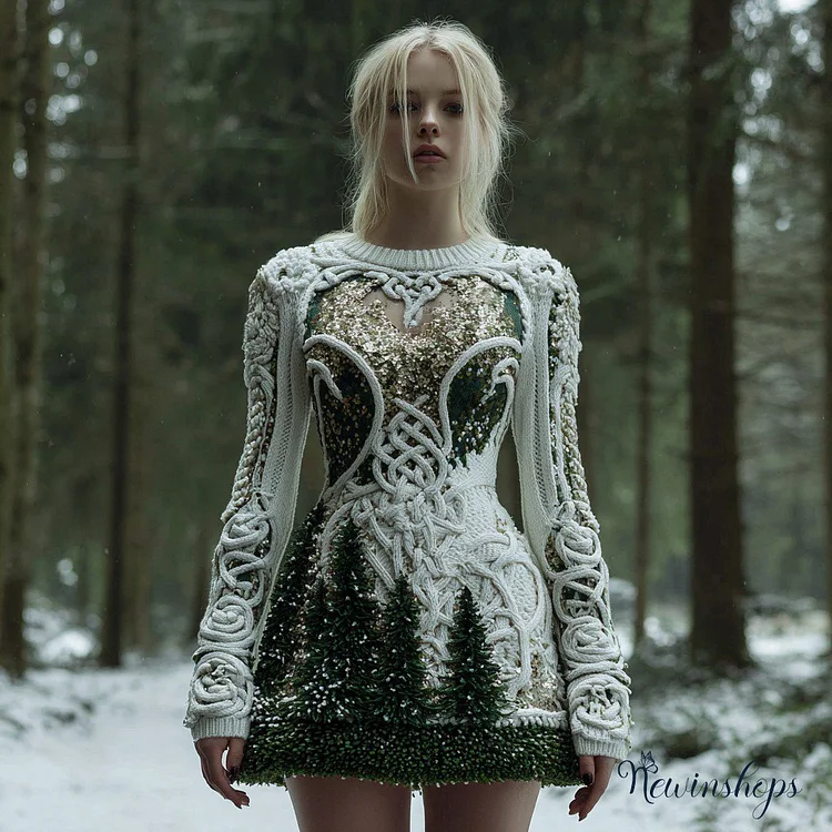 Women's Christmas Tree Forest Celtic Knot Sequins Knit Mini Sweater Dress