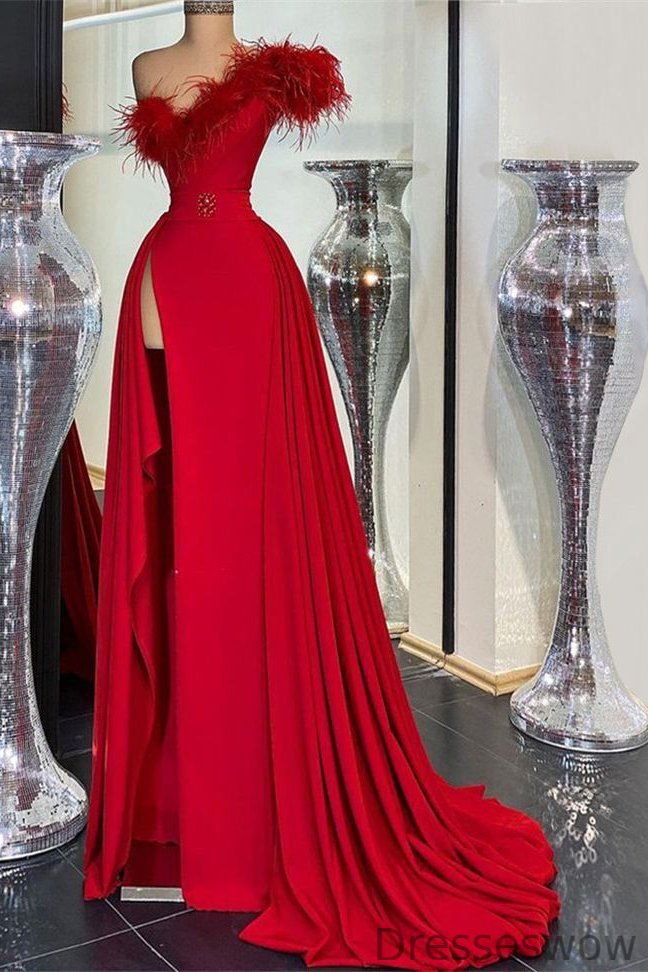 Dresseswow Red Sleeveless Mermaid Prom Gown With Split Feathers One Shoulder