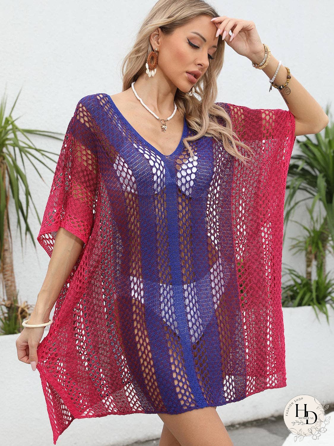 Openwork Contrast V-Neck Cover-Up